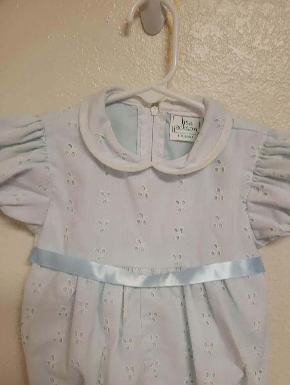 Lisa Jackson Blue Eyelet Bubble Romper with Satin Belt